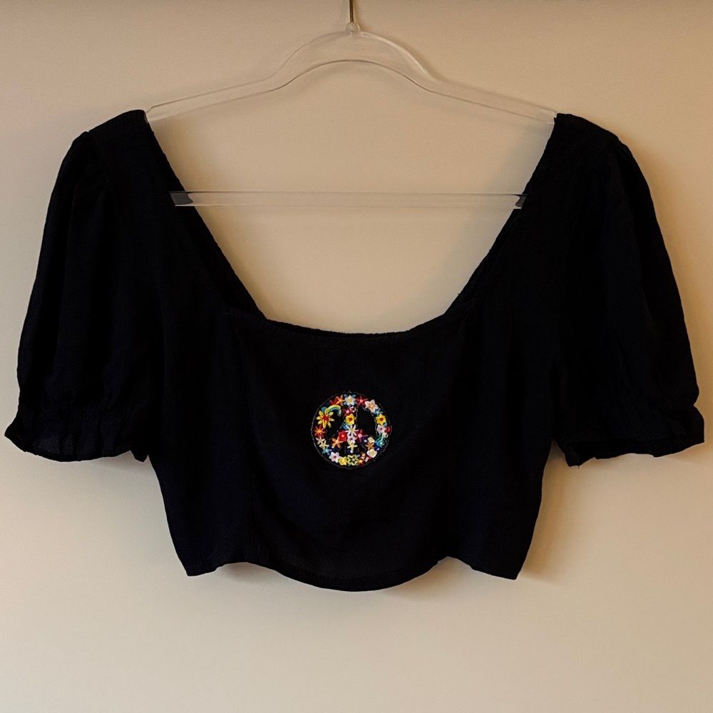 Urban Outfitters Black Puff Sleeve Crop Top with Upcycled Floral Peace patch